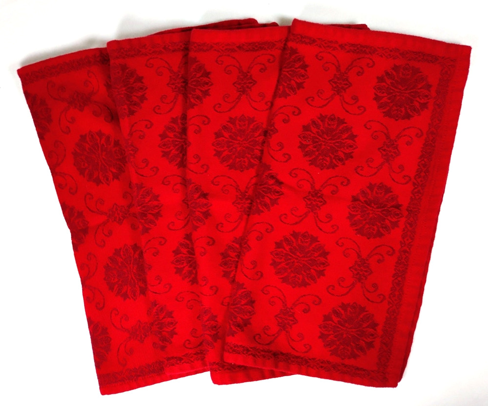 Set 4 Red Damask Jacquard Cloth Napkins 15x15 Floral Medallion Table Linens